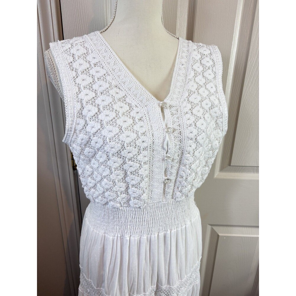 White Cotton Crochet Dress Cottagecore Beach 100% Cotton Dress Maxi XL 496 - Picture 5 of 9